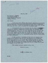 ["The document is a response from Congressman George B. Schwabe to the Nowata Chamber of Commerce, thanking them for their support of his efforts on the anti-strike bill. Schwabe expresses his belief that the President is not taking a strong stance on labor legislation, and vows to continue fighting to curb the power of unions. The Chamber of Commerce had conducted a poll of their business men who all supported Schwabe's efforts. Schwabe expresses gratitude for the support from his old home town and friends."]