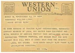 ["The document is a telegram expressing protest against a labor action supported by Honorable William Link and demanding that he vote against a bill when it comes back from the Senate. The telegram is sent by the Local 101 United Farm Equipment and Metal Workers of America."]