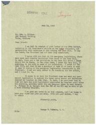 ["The document is a correspondence between George Schwabe, a member of Congress, and Edward Allison regarding the President's veto of the Case Bill and the need for legislation to control labor union bosses and racketeers. Schwabe expresses his disappointment in the President's inconsistency and reluctance to enact permanent legislation, while Allison urges Schwabe to work towards re-enacting the Case Bill or a similar legislation to protect the interests of the population."]