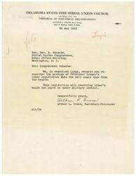 ["The Oklahoma State Industrial Union Council, affiliated with the Congress of Industrial Organizations, is urging Congressman Schwabe to reconsider supporting President Truman's labor legislation, as they believe it will restrict labor rights and put them under military control."]
