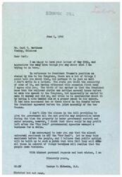 ["The document from George B. Schwabe to Carl T. Matthews discusses President Truman's position on the railroad strike and the New Deal, expressing doubt about the sincerity of some of Truman's actions. Schwabe also expresses concern about a clause in a bill that would give the government all the net profits of seized corporations. Matthews responds thanking Schwabe for information about a poll in his district and expresses concern about the nationalization of American industry under the New Deal. Matthews also expresses confidence in Schwabe's success in the upcoming elections and offers support."]