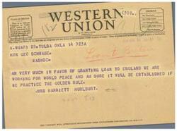 ["The document provides information about different symbols used in telegrams and cables, including Day Letter, Night Letter, Deferred Cable, and Cable Night Letter. It also mentions the standard time used for origin and destination. Additionally, a message expressing support for granting a loan to England for world peace is included."]