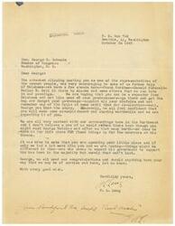 ["The document is addressed to Honorable  George B. Schwabe from former boys of Oklahoma who are now in the Northwest. They express their hopes that Schwabe will be a good representative for Oklahoma and not forget his constituents. They mention their contentment with their current surroundings and offer their congratulations and assistance to Schwabe. The attached clipping discusses Schwabe's opinion on the United States paying its own debts instead of lending money to foreign countries."]