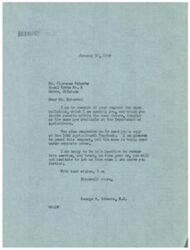 ["The author, George B. Schwabe, is responding to a request for farm bulletins and a copy of the 1942 Agricultural Yearbook from Mr. Clarence Roberts. Schwabe states that he will send the requested materials and is happy to be of service. He hopes that Roberts will continue to reach out if he needs further assistance in the future."]