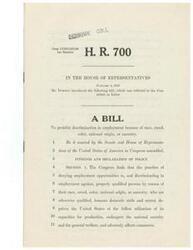 ["The document is a bill introduced in the 79th Congress, 1st Session, by Mr. Dawson, aimed at prohibiting discrimination in employment based on race, creed, color, national origin, or ancestry. It highlights the negative impact of discrimination on domestic peace, national security, commerce, and calls for the elimination of such practices in all employment relations within the jurisdiction of the Federal Government. The bill outlines unfair employment practices, defines the scope of the act, establishes the Fair Employment Practice Commission for enforcement, and requires reports to be submitted to Congress and the President."]