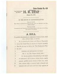 ["This text is about a bill introduced in the House of Representatives in 1945 called the \"Fair Employment Practice Act\" which aimed to prohibit discrimination in employment based on race, creed, color, national origin, or ancestry. It outlines the findings and declaration of policy, defines key terms, and specifies unfair employment practices. The bill also establishes the Fair Employment Practice Commission to enforce these measures."]