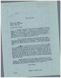 ["The document is a letter from George B. Schwabe, a member of Congress, responding to a letter from Mrs. W. E. Arthur regarding a British loan. Schwabe expresses his appreciation for her support and explains his opposition to the loan, citing the views of his constituents. He also mentions his alignment with the League of Women Voters and his commitment to representing the interests of the American people."]