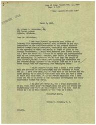 ["The document is from George B. Schwabe, a member of Congress, in response to a letter expressing opposition to the British Loan and foreign aid. Schwabe agrees with the sentiment and encourages the recipient to also voice their opinions to their own Congressman. He mentions his own sons' opinions on the matter and emphasizes the need for constituents to speak up against the government's actions."]