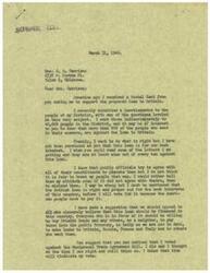["George B. Schwabe received a postal card from Mrs. J.H. Garrison asking him to support a proposed loan to Britain. Schwabe sent out a questionnaire to 40,000 people in his district and found that over 90% were against the loan. He believes that he should represent his constituents honestly, even if it goes against their views. He suggests that those in favor of the loan should buy British Bonds. Mrs. Garrison believes the loan to Britain is justified and will help world trade, and urges Schwabe to vote for it. Schwabe did not vote for the Reciprocal Trade Agreement Bill and stands by his decision."]