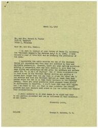["The document is from George B. Schwabe, a member of Congress, responding to a letter from Mr. and Mrs. Howard R. Foster endorsing the \"Merchant Seamen's War Service Act.\" Schwabe acknowledges the important service of the Merchant Marine but raises concerns about the bill, particularly regarding the differences in pay between Merchant Marines and soldiers/sailors. He states that each measure must be considered fairly and promises to act in the best interest of all parties involved."]
