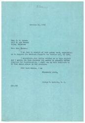 ["Mrs. Letson wrote to George B. Schwabe, a member of Congress, requesting his support for the Merchant Seamen's War Service Act, HR 2346. Schwabe responded, assuring her that he would do his best to support the act when it is before Congress for consideration. Mrs. Letson also mentioned that the act is set to be discussed at a public hearing on October 18th and requested for Schwabe to watch out for it."]