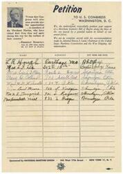 ["The document is a petition to the United States Congress for a Merchant Seamen's Bill of Rights, similar to the GI Bill of Rights, for merchant marines who risk their lives during war. The petition includes recommendations for hospitalization, medical care, education, employment, readjustment allowances, provision for dependents of deceased seamen, disability payments, and burial benefits. The goal is to provide support and protection for merchant seamen who serve their country during wartime."]