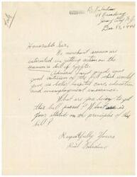 ["The document is from B. Paradiso, representing merchant seamen, to an honorable person, likely a government official. The document expresses interest in a seamen's bill that would provide better rights and criticizes Admiral Lamp for opposing the bill. The writer asks what the official is doing to support the bill and inquires about their stance on the principles of the bill."]