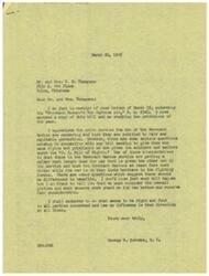 ["The document is from Mr. and Mrs. F.S. Thompson to Congressman George B. Schwabe, thanking him for supporting the \"Merchant Seamen's War Service Act.\" Congressman Schwabe acknowledges their support but expresses concerns about the differences in benefits between the Merchant Marine service and the soldiers and sailors. He states that each measure must be considered on its own merits and promises to act in the best interest of all parties involved."]