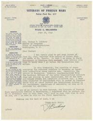 ["The document is a letter written by George B. Schwabe, a member of Congress, in response to a resolution adopted by the Veterans of Foreign Wars, Tulsa Post 577, regarding H.R. 2346, the Merchant Marine Bill of Rights. Schwabe expresses his support for the resolution and acknowledges that the resolution was not promptly delivered to him. He also requests information about the Legislative Committee mentioned in the letter and clarifies his response to the resolution."]