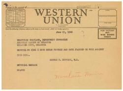 ["The document is a telegram sent to George B. Schwabe, a member of Congress, urging him to vote against a bill that would grant members of the Merchant Marine similar rights as veterans. The American Legion opposes the bill because the Merchant Marine were civilian employees and not part of the military forces. The telegram is from Granville Scanlan, the Department Commander of the American Legion of Oklahoma. It is emphasized that the quickest, surest, and safest way to send money is by telegraph or cable."]
