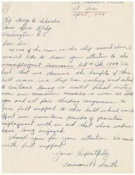 ["Norman A. Smith, a crew member on the ship 0/2 Marshall weal at sea in April 1945, is writing to Representative  George B. Schwabe in Washington D.C. to request support for the unemployment insurance bill # H.R. 1899. Smith believes that sailors deserve the benefits of this bill due to their contribution to the war effort and asks for full support from congressmen."]