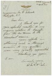 ["The document is thanking Congressman Sea. B. Schwabe for their help in obtaining information about transferring from the United States Army Air Forces to the merchant marine. The author appreciates the thorough response they received and expresses gratitude for the congressman's efforts."]