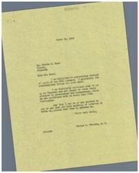 ["Dr. Cecile E. Reed of Vinita, Oklahoma, wrote a letter to Honorable  George B. Schwabe expressing appreciation for his remarks and observations on the trend of paternalism and bureaucracy in Washington. Schwabe responded, thanking Dr. Reed for her letter and offering his assistance whenever needed. Dr. Reed mentioned that she, a Democrat, voted for Schwabe, a Republican, and was pleased with his representation in Congress."]