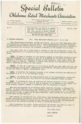 ["The document is a bulletin from the Oklahoma Retail Merchants Association discussing the Fair Employment Practice Act (H.R. 2232), which aims to prevent discriminatory practices in employment. It outlines the provisions of the bill, its potential impact on the economy, and criticism from Congressman Fisher of Texas. The bulletin encourages retailers to write to their representatives in Washington expressing their views on the bill. It also provides a list of Oklahoma Congressional representatives for reference."]