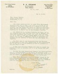 ["The author, R. A. Krumme, expresses opposition to the \"Fair Employment Practice Act\" bill, arguing that it would give too much power to a bureau to penalize individuals unfairly. He believes that it goes against the principles for which American soldiers are fighting and urges Honorable  George Schwabe to stop the bill from becoming law. Krumme also calls for the elimination of unnecessary federal and state employees and expresses support for President Truman in cancelling unnecessary bureaus."]