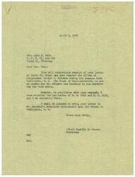 ["Mrs. Anna E. Webb wrote a letter to Congressman George B. Schwabe requesting copies of H. R. 1425 and H. R. 2232. The document was acknowledged by his secretary, Camille M. Garneau, who informed Mrs. Webb that the Congressman was currently on recess but she would bring the letter to his attention upon his return to Washington, D. C. Mrs. Webb expressed her concerns about H. R. 2232 and her intention to work against its passage."]