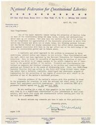 ["The document is a letter from the National Federation for Constitutional Liberties discussing the issue of race relations in America, particularly in relation to discrimination against minorities. The document mentions an article by Carey McWilliams that provides a realistic approach to addressing the problem and emphasizes the importance of protecting the rights of minorities. It also mentions proposals for the creation of fair employment practices commissions at the national and state levels. The document urges the recipient to consider this information before voting on a bill for a permanent FEPC and welcomes any comments on the publication."]