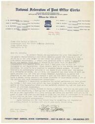 ["The document is a letter from John P. Barton, President of the Oklahoma State Federation of the National Federation of Post Office Clerks, thanking Congressman George B. Schwabe for his support of a salary reclassification bill. Barton expresses concern about the bill not reaching a Senate vote before adjournment and asks for Schwabe's help in securing support from Senators Moore and Reed. He also mentions the expiration of a temporary war time bonus and the potential pay cut for postal workers. Barton also invites Schwabe to a meeting with postal workers in Tulsa."]