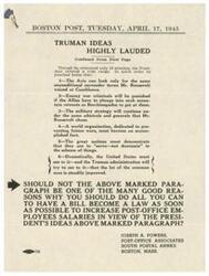 ["The document discusses President Truman's ideas and priorities as outlined in a speech, including his stance on unconditional surrender for the Axis powers, punishment for war criminals, continuation of military strategy, establishment of a world organization to prevent future wars, and domestic focus on improving the lives of common people. A post office employee, Joseph A. Powers, is urging a Congressman to consider increasing the salaries of low-paid workers in line with President Truman's priorities and to approve a bill to address the high cost of living."]