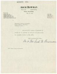 ["The document is a letter dated May 2, 1945 from Mr. and Mrs. Arch Bowman, representing Schwabe Coll in Tulsa, Oklahoma. They are in favor of salary increases for postmen and ask for support for H.R. 2071 from Honorable George B. Schwabe in Washington, D.C. They represent Baird Mfg. Co., Deming Pump Co., Jensen Bros. Mfg. Co., Wiping Material, Inc., and National Engr. Products, Inc."]