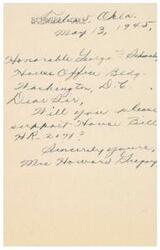 ["A letter dated May 13, 1945, was sent to Honorable George R. Schwabe requesting support for Haven Bill HA 2071. It was signed by Mrs. Howard Gregory."]