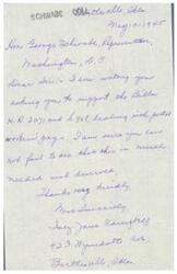 ["The document is asking George Schwabe to support Bills H.R. 2071 and S.908 regarding postal workers' pay, as it is seen as much needed and deserved. The document is signed by Jame Cambers."]