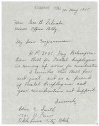 ["The document is requesting support for H.R. 3035, a Pay Reclassification Bill for Postal employees, from Congressman Schwabe. The sender believes the bill is fair and just and asks for his consideration and support. The document is signed by Edna S. Smith from Oklahoma City."]