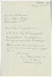 ["The document is a letter dated May 10, 1945, to Congressman Deo. B. Schwabe regarding H.R. 3035, a Pay Reclassification Bill for Postal Employees. The document asks for support for the bill, which is deemed fair and just. It is signed by Mr. and Mrs. V6 Smith from Oklahoma City."]