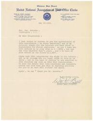 ["The document is a letter from the State Secretary of the Oklahoma State Branch United National Association to Congressman Geo. Schwabe expressing gratitude for his support of legislation for Postal employees. The document mentions a specific bill, H.R.3035, and asks for favorable action from the Senate. The State Secretary acknowledges Congressman Schwabe's efforts and thanks him for his support."]