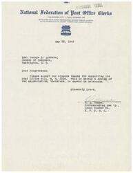 ["The document is a thank you letter from the National Federation of Post Office Clerks Local Number 86 to Congressman George B. Schwabe for supporting post office Bill H.R. 3035. The document expresses appreciation and states that no response is needed."]