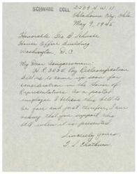 ["The document is from a postal employee named I S. Chadbourn to Congressman George. B Schwabe, asking for support of H.R.3035, a Pay Reclassification Bill coming up for consideration in the House of Representatives. Chadbourn believes the bill is fair and just and requests the congressman's support."]