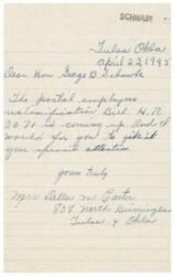 ["Mrs. Della M. Carter of Tulsa, Oklahoma is writing to Honorable  George B. Schwabe about the Postal Employees Reclassification Bill H.R. 2071, asking for his special attention to the matter."]