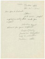 ["The document is a letter dated April 25, 1945, addressed to Honorable  Jess B. Schwabe in Tulsa, Oklahoma. The document requests support for H.R. 2071, which pertains to postal employee salary increases. The author, Jaws M. Campbell, thanks Schwabe in advance for his support."]