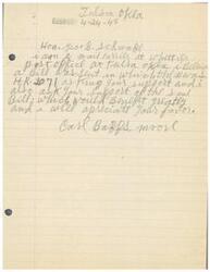 ["The document is a brief message from a mail carrier named Carl Baffs Moor asking for support for a bill, H.R. 2071, that would benefit the post office in Whittier. He mentions a bill sent from the post office in Tulsa, Oklahoma, and requests the recipient's support."]
