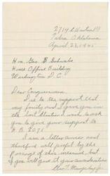 ["The document is addressed to Honorable  Geo. B. Schwabe in Washington D.C. from Tuba, Oklahoma, dated April 23, 1945. The writer requests support for H.B. 2071 due to their past support in the last election. They mention being a letter carrier and potentially benefiting from the passage of the measure."]