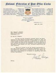 ["The document is a letter from the President of the National Federation of Post Office Clerks thanking Honorable  George B. Schwabe for his support in legislation to adjust postal salaries. The President expresses appreciation on behalf of the members for Schwabe's interest and assistance in expediting the legislation."]