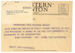 ["Mr. Elmer Gustafson received a telegram urging his attendance at a House Committee hearing on HR 2071. He responds, assuring his attendance and willingness to support the bill with recommended amendments. He expresses his commitment to furthering the interests of the group and asks for suggestions regarding the company's service."]