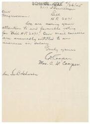 ["The document is requesting Congressman Geo Schwabe's attention and favorable voting on Bill HR 2071, which seeks an increase in salary for mail carriers. The document is signed by Glasper on behalf of Mrs. C. J. Cooper."]