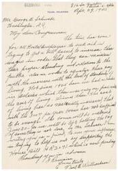 ["The document is requesting Congressman George B. Schwabe's help in passing a bill to increase wages for Postal Service employees to account for the rise in cost of living since 1925. The writer, E. Wilkerson, asks for Schwabe's influence in supporting Bill R2071, which is currently pending."]