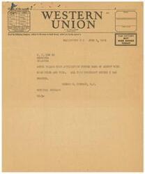 ["The document includes a telegram sent by W.C. Row Jr. to George B. Schwabe, M.C., requesting information on an application for a new pickup truck. Schwabe contacts the Office of Defense Transportation on Row's behalf, but they are unable to locate the application without a serial number. After further communication, the application is eventually located and approved. The document also includes correspondence between Postmaster Key and Schwabe regarding the delivery of a letter to Mr. Row."]