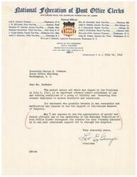["The National Federation of Post Office Clerks, affiliated with the American Federation of Labor, thanks Honorable George B. Schwabe for his support in passing the postal salary act, which aims to improve pay and working conditions for government employees."]