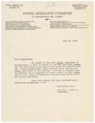 ["The document is from Patrick J. McNelis, President of the Postal Legislative Committee of Philadelphia and Vicinity, thanking a Congressman for their contribution in having HR 3035 enacted into law. The document expresses gratitude on behalf of 6000 postal employees and assures that the action will be remembered with profound gratitude."]