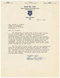 ["The document is from Local 1348 of Tulsa, Oklahoma, thanking Congressman George B. Schwabe for his support of H R 3035, a bill that was passed almost unanimously in the House. The document expresses gratitude for Schwabe's personal interest in promoting the bill and assures him of continued cordial relations with postal employees. They also express a desire to meet with Schwabe in person in Tulsa."]