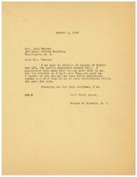 ["The document is from George B. Schwabe to Mrs. Lois Warren, thanking her for sending a copy of Public Law 134, but requesting fifty additional copies be sent to him within the next few days."]